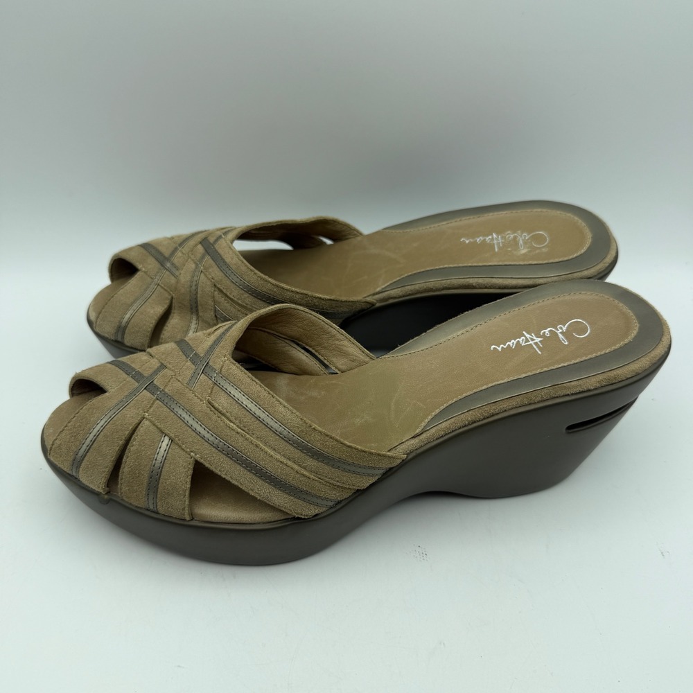Cole Haan Wedge Sandals Womens 8B Brown NikeAir Strappy Slide Peep Toe